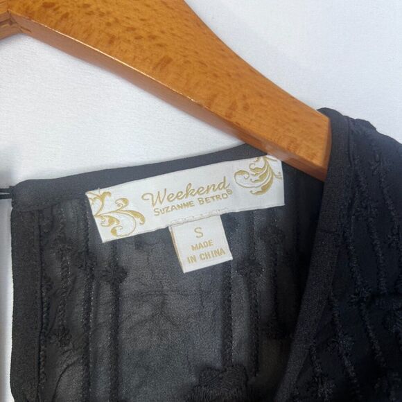 Suzanne Betro Weekends Black Floral Embroidered Tie Waist/Sleeve Blouse Sz Small - Picture 8 of 10